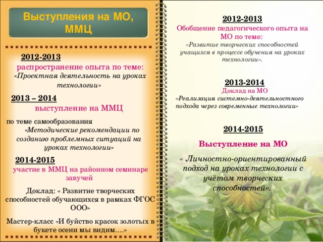 Выступления на МО, ММЦ 2012-2013 Обобщение педагогического опыта на МО по теме:  «Развитие творческих способностей учащихся в процессе обучения на уроках технологии».  2012-2013  распространение опыта по теме:  « Проектная деятельность на уроках технологии »  2013-2014 Доклад на МО «Реализация системно-деятельностного подхода через современные технологии»  2013 – 2014  выступление на ММЦ по теме самообразования « Методические рекомендации по созданию проблемных ситуаций на уроках технологии » 2014-2015 Выступление на МО « Личностно-ориентированный подход на уроках технологии с учётом творческих способностей».  2014-2015  участие в ММЦ на районном семинаре завучей Доклад: « Развитие творческих способностей обучающихся в рамках ФГОС ООО» Мастер-класс «И буйство красок золотых в букете осени мы видим….» 