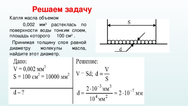 Диаметр молекулы масла. Диаметр молекулы масла в мм. Растекание капли масла по поверхности воды. Как найти диаметр молекулы масла.