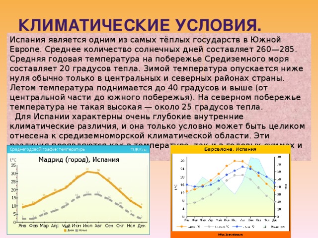 Климатические условия. Испания является одним из самых тёплых государств в Южной Европе. Среднее количество солнечных дней составляет 260—285. Средняя годовая температура на побережье Средиземного моря составляет 20 градусов тепла. Зимой температура опускается ниже нуля обычно только в центральных и северных районах страны. Летом температура поднимается до 40 градусов и выше (от центральной части до южного побережья). На северном побережье температура не такая высокая — около 25 градусов тепла.  Для Испании характерны очень глубокие внутренние климатические различия, и она только условно может быть целиком отнесена к средиземноморской климатической области. Эти различия проявляются как в температуре, так и в годовых суммах и режиме осадков. 