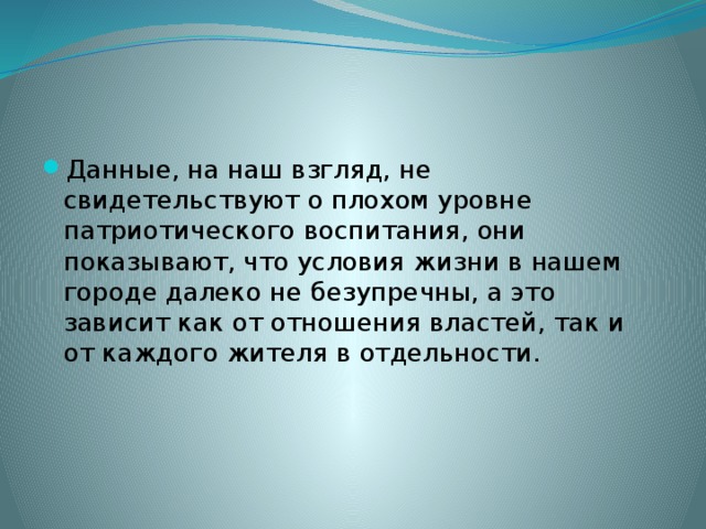 Данные, на наш взгляд, не свидетельствуют о плохом уровне патриотического воспитания, они показывают, что условия жизни в нашем городе далеко не безупречны, а это зависит как от отношения властей, так и от каждого жителя в отдельности. 