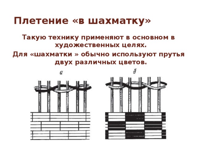 Плетение «в шахматку» Такую технику применяют в основном в художественных целях. Для «шахматки » обычно используют прутья двух различных цветов. 