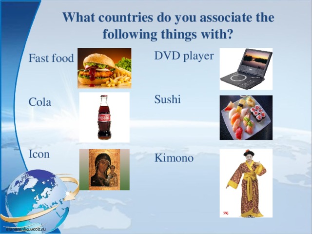 What countries do you associate the following things with? DVD player Sushi Kimono Fast food Cola Icon 