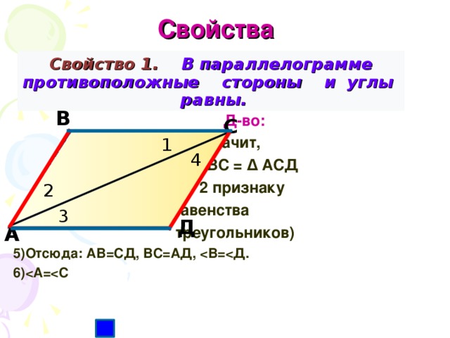  Свойства Свойство 1. В параллелограмме противоположные стороны и углы равны.    Д-во:  4) Значит,  ∆ АВС = ∆ АСД  ( по 2 признаку  равенства  треугольников) 5)Отсюда: АВ=СД, ВС=АД,  В=  Д. 6)  А=  В С 1 4 2 3 Д А 