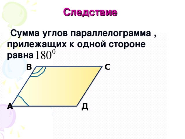  Следствие  Сумма углов параллелограмма , прилежащих к одной стороне равна В С А Д 