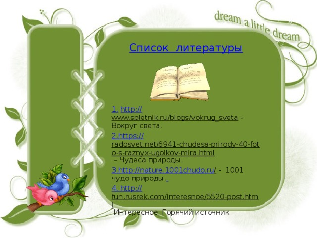 Список  литературы 1.  http:// www.spletnik.ru/blogs/vokrug_sveta  - Вокруг света. 2. https :// radosvet.net/6941-chudesa-prirody-40-foto-s-raznyx-ugolkov-mira.html – Чудеса природы. 3. http ://nature.1001chudo.ru /  - 1001 чудо природы.  4. http :// fun.rusrek.com/interesnoe/5520-post.html  Интересное. Горячий источник Список литературы 