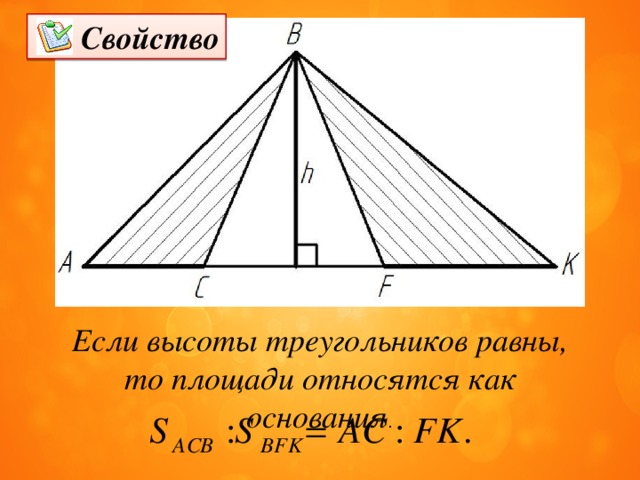 Свойство Если высоты треугольников равны, то площади относятся как основания . 
