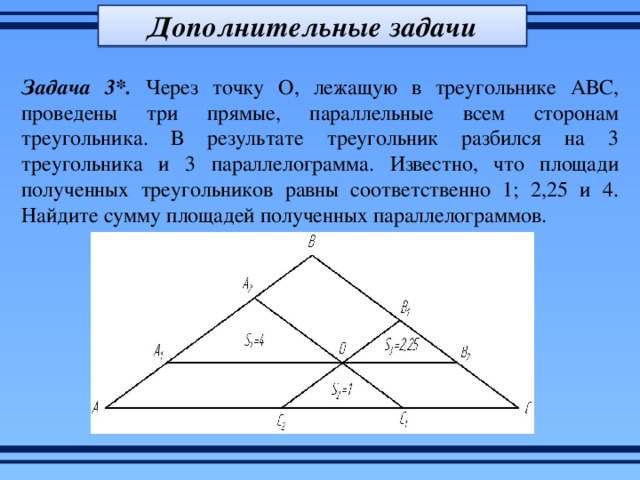 Дополнительные задачи Задача 3*. Через точку О, лежащую в треугольнике АВС, проведены три прямые, параллельные всем сторонам треугольника. В результате треугольник разбился на 3 треугольника и 3 параллелограмма. Известно, что площади полученных треугольников равны соответственно 1; 2,25 и 4. Найдите сумму площадей полученных параллелограммов. 