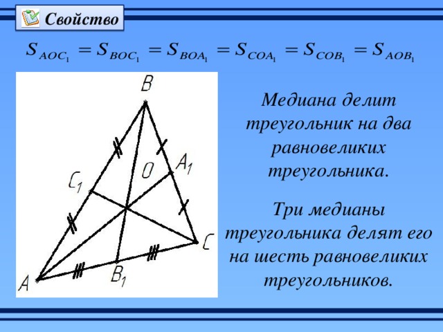 Свойство Медиана делит треугольник на два равновеликих треугольника. Три медианы треугольника делят его на шесть равновеликих треугольников. 