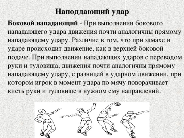 Наподдающий удар  Боковой нападающий - При выполнении бокового нападающего удара движения почти аналогичны прямому нападающему удару. Различие в том, что при замахе и ударе происходит движение, как в верхней боковой подаче. При выполнении нападающих ударов с переводом руки и туловища, движения почти аналогичны прямому нападающему удару, с разницей в ударном движении, при котором игрок в момент удара по мячу поворачивает кисть руки и туловище в нужном ему направлений. 