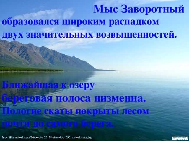 Мыс Заворотный образовался широким распадком двух значительных возвышенностей.     Ближайшая к озеру береговая полоса низменна. Пологие скаты покрыты лесом почти до самого берега. 