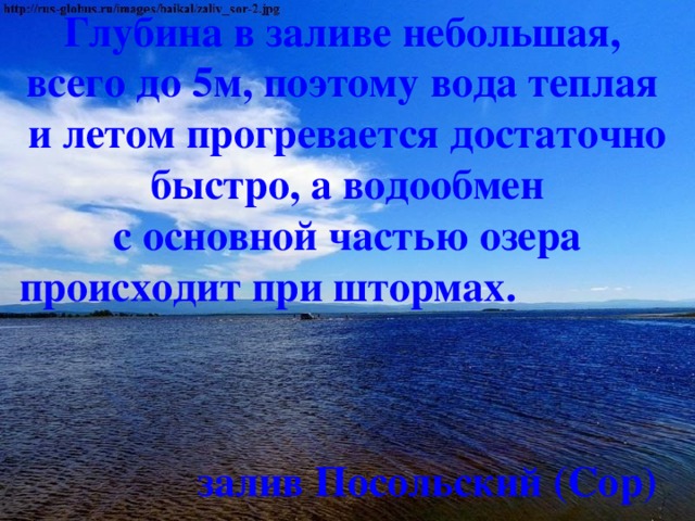 Глубина в заливе небольшая, всего до 5м, поэтому вода теплая и летом прогревается достаточно  быстро, а водообмен с основной частью озера  происходит при штормах.   залив Посольский (Сор) 