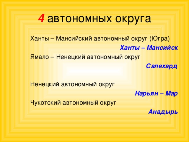 4 автономных округа Ханты – Мансийский автономный округ (Югра) Ханты – Мансийский автономный округ (Югра) Ханты – Мансийский автономный округ (Югра) Ханты – Мансийск Ханты – Мансийск Ханты – Мансийск Ямало – Ненецкий автономный округ Ямало – Ненецкий автономный округ Ямало – Ненецкий автономный округ Салехард  Салехард  Салехард  Ненецкий автономный округ Ненецкий автономный округ Ненецкий автономный округ Нарьян – Мар Нарьян – Мар Нарьян – Мар Чукотский автономный округ Чукотский автономный округ Чукотский автономный округ Анадырь   Анадырь   Анадырь   