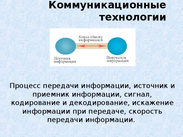 Коммуникационные технологии   Процесс передачи информации, источник и приемник информации, сигнал, кодирование и декодирование, искажение информации при передаче, скорость передачи информации. 