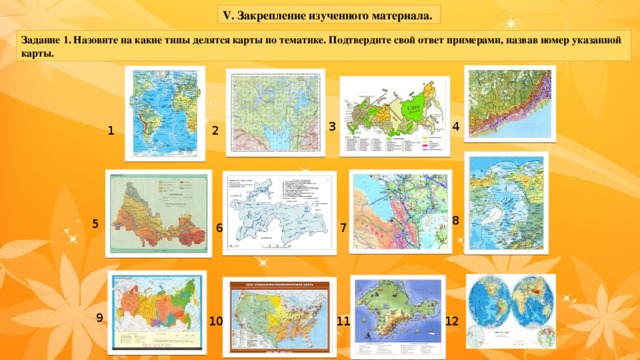 V. Закрепление изученного материала. Задание 1. Назовите на какие типы делятся карты по тематике. Подтвердите свой ответ примерами, назвав номер указанной карты. 4 3 2 1 8 5 6 7 9 10 11 12 