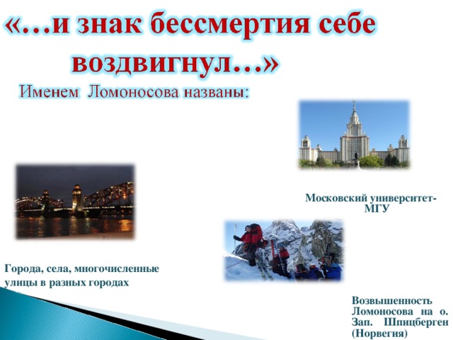  Возвышенность Ломоносова на о. Зап. Шпицберген (Норвегия) Московский университет-МГУ Города, села, многочисленные улицы в разных городах 