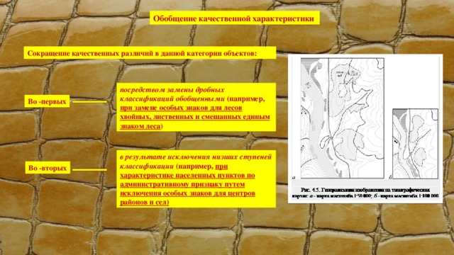 Обобщение качественной характеристики Сокращение качественных различий в данной категории объектов: посредством замены дробных классификаций обобщенными (например, при замене особых знаков для лесов хвойных, лиственных и смешанных единым знаком леса ) Во -первых в результате исключения низших ступеней классификации (например, при характеристике населенных пунктов по административному признаку путем исключения особых знаков для центров районов и сел) Во -вторых 