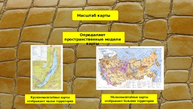 Масштаб карты Определяет пространственные модели карты Мелкомасштабные карты отображают большие территории Крупномасштабные карты отображают малые территории 