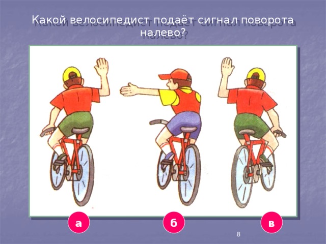 Какой велосипедист подаёт сигнал поворота налево? а б в 8 