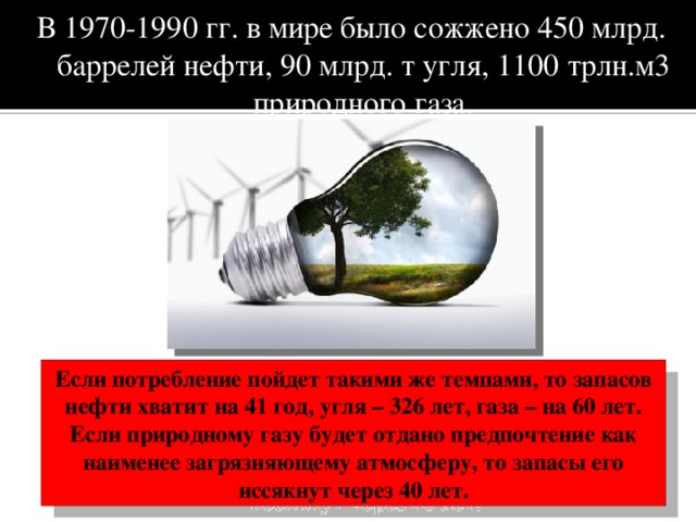 В 1970-1990 гг. в мире было сожжено 450 млрд. баррелей нефти, 90 млрд. т угля, 1100 трлн.м3 природного газа. Если потребление пойдет такими же темпами, то запасов нефти хватит на 41 год, угля – 326 лет, газа – на 60 лет. Если природному газу будет отдано предпочтение как наименее загрязняющему атмосферу, то запасы его иссякнут через 40 лет. 