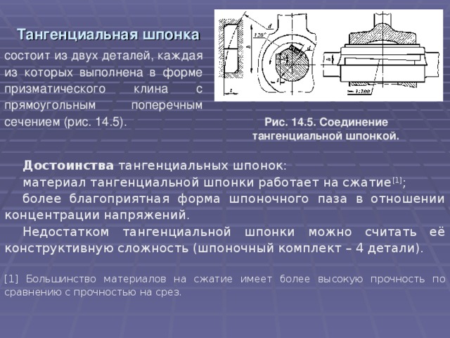 Тангенциальная шпонка  состоит из двух деталей, каждая из которых выполнена в форме призматического клина с прямоугольным поперечным сечением (рис. 14.5). Рис. 14.5. Соединение  тангенциальной шпонкой.  Достоинства тангенциальных шпонок: материал тангенциальной шпонки работает на сжатие [1] ; более благоприятная форма шпоночного паза в отношении концентрации напряжений.  Недостатком тангенциальной шпонки можно считать её конструктивную сложность (шпоночный комплект – 4 детали).  [1] Большинство материалов на сжатие имеет более высокую прочность по сравнению с прочностью на срез. 