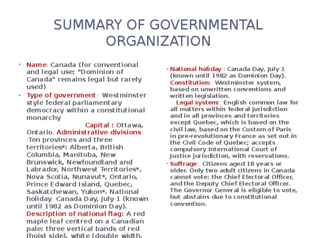 Summary of governmental organization Name : Canada (for conventional and legal use; 