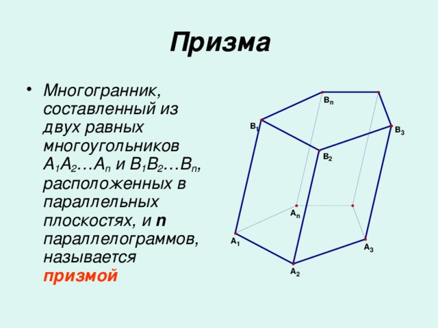 Призма Многогранник, составленный из двух равных многоугольников A 1 A 2 …A n  и B 1 B 2 …B n , расположенных в параллельных плоскостях, и n параллелограммов, называется призмой 