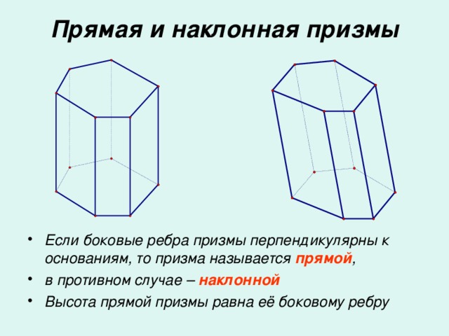 Прямая и наклонная призмы Если боковые ребра призмы перпендикулярны к основаниям, то призма называется прямой , в противном случае – наклонной Высота прямой призмы равна её боковому ребру 