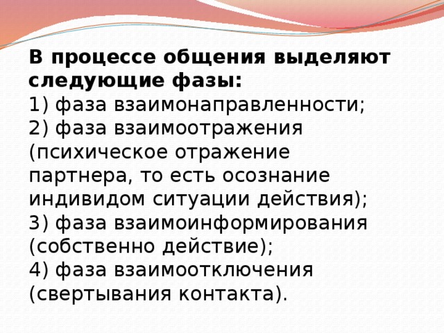 Процесс общения начинается. Фазы процесса общения. Процесс общения. Фаза взаимонаправленности это.