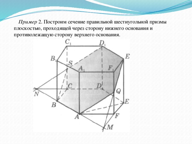 Пример 2. Построим сечение правильной шестиугольной призмы плоскостью, проходящей через сторону нижнего основания и противолежащую сторону верхнего основания.  