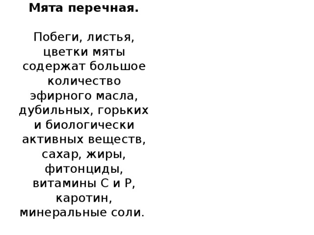 Мята перечная.   Побеги, листья, цветки мяты содержат большое количество эфирного масла, дубильных, горьких и биологически активных веществ, сахар, жиры, фитонциды, витамины С и Р, каротин, минеральные соли.   