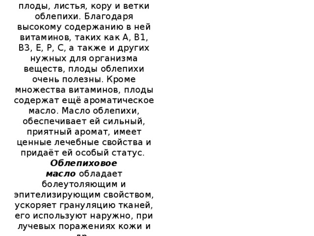 Облепиха крушиновидная  С лечебной целью используют плоды, листья, кору и ветки облепихи. Благодаря высокому содержанию в ней витаминов, таких как А, В1, В3, Е, Р, С, а также и других нужных для организма веществ, плоды облепихи очень полезны. Кроме множества витаминов, плоды содержат ещё ароматическое масло. Масло облепихи, обеспечивает ей сильный, приятный аромат, имеет ценные лечебные свойства и придаёт ей особый статус.   Облепиховое масло  обладает болеутоляющим и эпителизирующим свойством, ускоряет грануляцию тканей, его используют наружно, при лучевых поражениях кожи и др.    