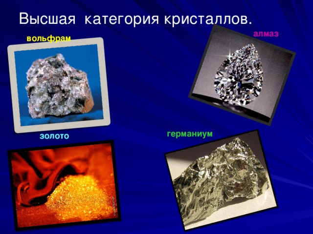 Высшая категория кристаллов. вольфрам алмаз германиум золото 