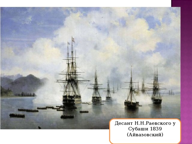 Марина (итал. marina, от латинского marinus - морской) — жанр изобразительного искусства, в котором основным является отображение морской стихии в разных состояниях, а также воплощение борьбы с нею человека, попавшего в шторм. Является разновидностью пейзажа. Художников пишущих марины называют маринистами. Десант Н.Н.Раевского у Субаши 1839 (Айвазовский) 