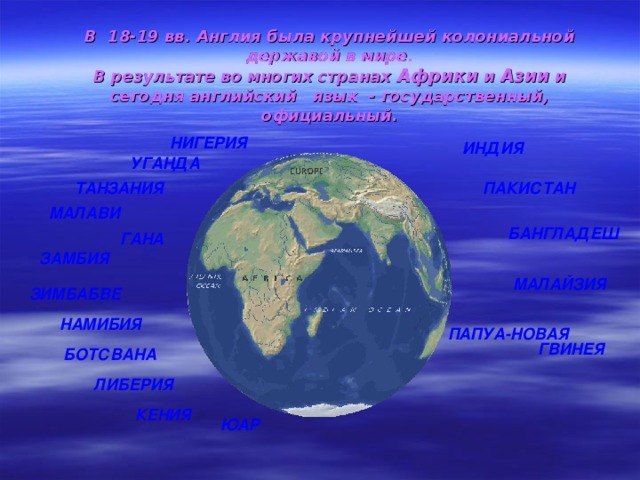 В 18-19 вв. Англия была крупнейшей колониальной державой в мире.  В результате во многих странах Африки и Азии и сегодня английский язык - государственный, официальный. НИГЕРИЯ ИНДИЯ УГАНДА ПАКИСТАН ТАНЗАНИЯ МАЛАВИ БАНГЛАДЕШ ГАНА ЗАМБИЯ МАЛАЙЗИЯ ЗИМБАБВЕ НАМИБИЯ ПАПУА-НОВАЯ ГВИНЕЯ  БОТСВАНА ЛИБЕРИЯ КЕНИЯ ЮАР 