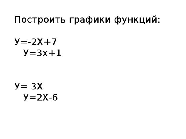 Построить графики функций: У=-2Х+7 У=3х+1 У= 3Х У=2Х-6 