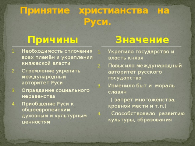 Последствия принятия руси. Причины и значение принятия христианства. Причины и значение принятия христианства на Руси. Причины принятия Русью христианства таблица. Причины и последствия принятия христианства на Руси таблица.