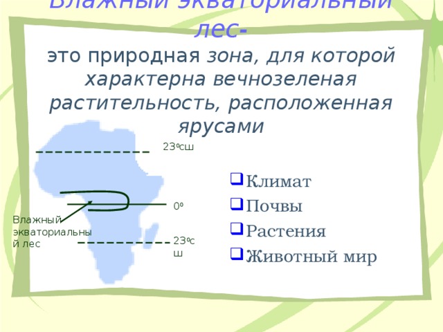 Влажный экваториальный лес-  это природная зона, для которой характерна вечнозеленая растительность, расположенная ярусами Климат Почвы Растения Животный мир 23 0 сш 0 0 Влажный экваториальный лес 23 0 сш 