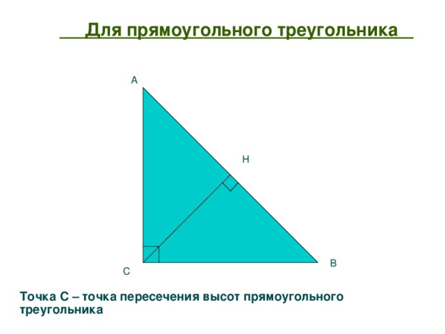  Для прямоугольного треугольника А Н В С Точка С – точка пересечения высот прямоугольного треугольника  