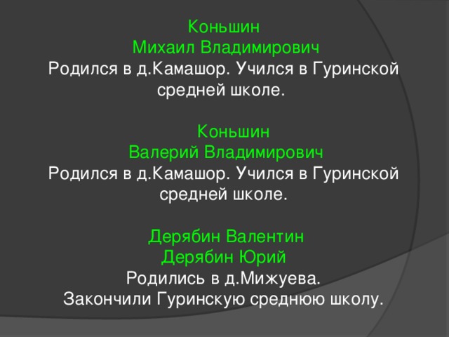 Коньшин  Михаил Владимирович Родился в д.Камашор. Учился в Гуринской средней школе.  Коньшин  Валерий Владимирович Родился в д.Камашор. Учился в Гуринской средней школе.  Дерябин Валентин Дерябин Юрий Родились в д.Мижуева. Закончили Гуринскую среднюю школу. 