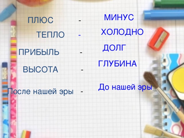 МИНУС ПЛЮС - ХОЛОДНО ТЕПЛО - ДОЛГ ПРИБЫЛЬ - ГЛУБИНА ВЫСОТА - До нашей эры После нашей эры - 