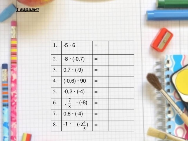 1 вариант 1. -5 · 6 2. -8 · (-0,7) 3. = 4. 0,7 · (-9) = (-0,6) · 90 5. = = -0,2 · (-4) 6.  · (-8) = 7. = 0,6 · (-4) 8.  (-2 ) = = - -1 · 