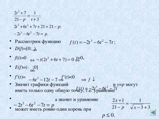 Рассмотрим функцию D ( f )=[0; ), f ( t )=0 t =0 . E ( f )=(- ;0]  f’ ( t )= f’ ( t )Значит графики функций и y = p могут иметь только одну общую точку, т.е. уравнение  а значит и уравнение  может иметь ровно один корень при  