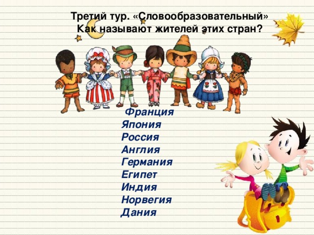 Третий тур. «Словообразовательный» Как называют жителей этих стран?     Франция Япония Россия Англия Германия Египет Индия Норвегия Дания 