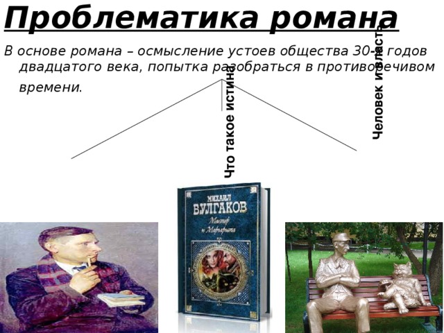 Проблематика романа Человек и власть Художник и общество Что такое истина В основе романа – осмысление устоев общества 30-х годов двадцатого века, попытка разобраться в противоречивом времени.   