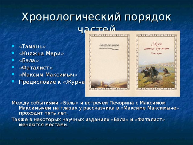 Хронологический порядок частей «Тамань» «Княжна Мери» «Бэла» «Фаталист» «Максим Максимыч» Предисловие к «Журналу» Между событиями «Бэлы» и встречей Печорина с Максимом Максимычем на глазах у рассказчика в «Максиме Максимыче» проходит пять лет. Также в некоторых научных изданиях «Бэла» и «Фаталист» меняются местами. 