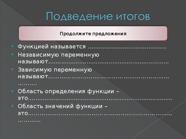 Продолжите предложения Функцией называется ........................................... Независимую переменную называют.................................................................. Зависимую переменную называют………………………………………………………………. Область определения функции – это............................................................................... Область значений функции – это……………………………………………………………………………  