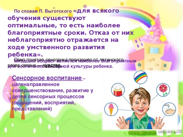  По словам Л. Выготского «для всякого обучения существуют оптимальные, то есть наиболее благоприятные сроки. Отказ от них неблагоприятно отражается на ходе умственного развития ребенка».  Младший возраст является наиболее благоприятным для воспитания сенсорной культуры ребенка.  Само понятие сенсорика произошло от латинского слова census — чувство.    Сенсорное воспитание  – целенаправленное совершенствование, развитие у детей сенсорных процессов (ощущений, восприятий, представлений) 