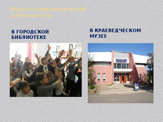 Виды исследовательской  деятельности   В краеведческом музее В городской библиотеке 