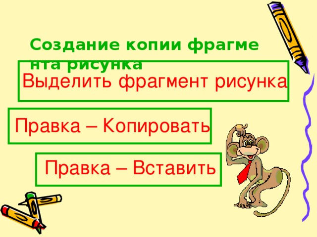 Создание копии фрагмента рисунка  Выделить фрагмент рисунка Правка – Копировать Правка – Вставить 