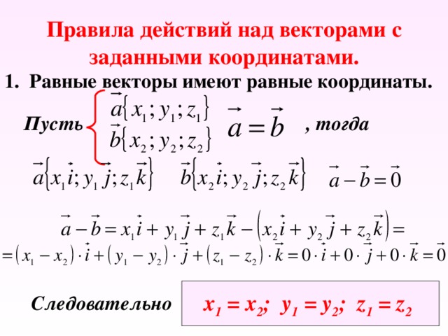 Правила действий над векторами с заданными координатами. 1. Равные векторы имеют равные координаты. Пусть , тогда х 1 = х 2 ; у 1 = у 2 ; z 1 = z 2  Следовательно 